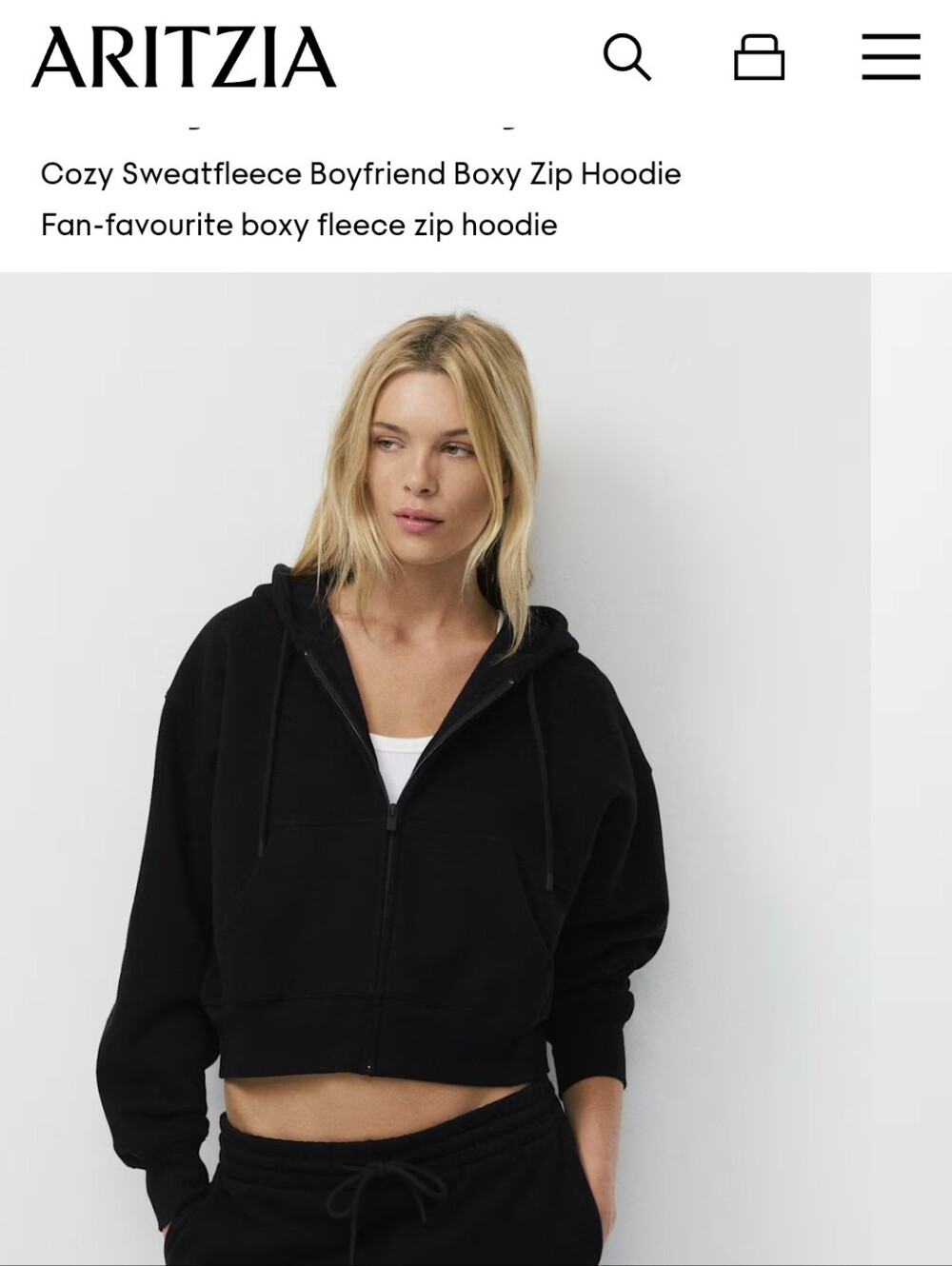 Aritzia Cozy Sweatfleece Black Boxy Zip Hoodie